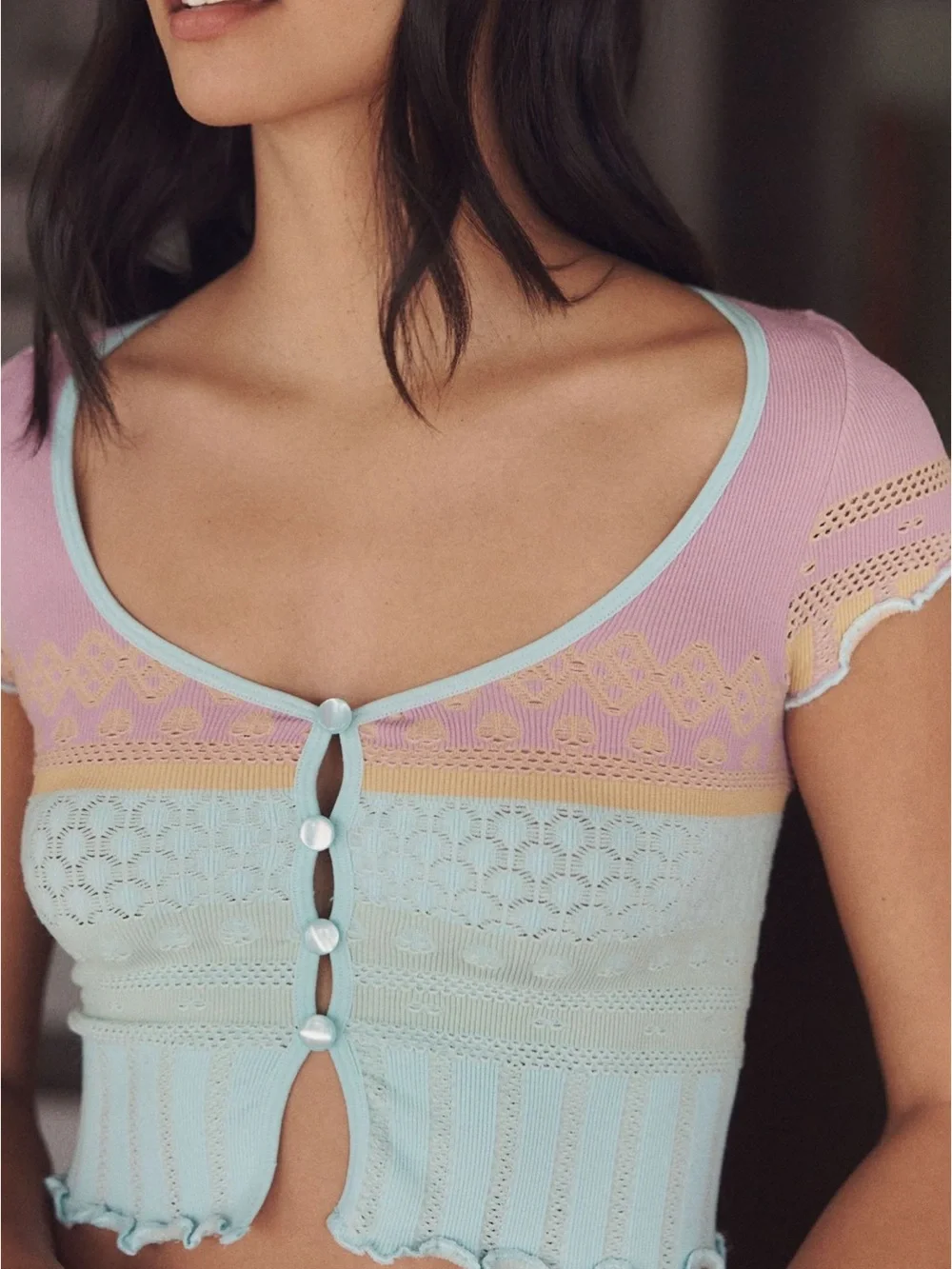 Anthropologie LyreBird Pastel Lavender Aqua Stretchy Textured Button-Front Top